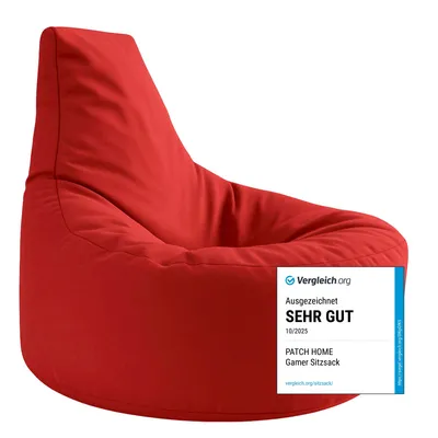 A red beanbag chair with a review badge on the bottom right.