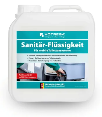 Produktbild von HOTREGA Sanitärflüssigkeit für Campingtoiletten 2 Liter, für mobile Toilettensysteme, verhindert Gerüche, hygienische Abwasser-Entsorgung