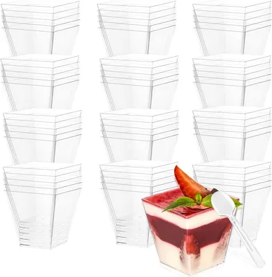 Produktbild von 60 Pcs Dessertgläser Plastik 60ML Mini Desserttasse Dessertschalen Plastik mit Löffel Kleine Transparente Dessertbecher Wiederverwendbar für Mousse,Pudding,Eis,Dessert Party,Hochzeiten