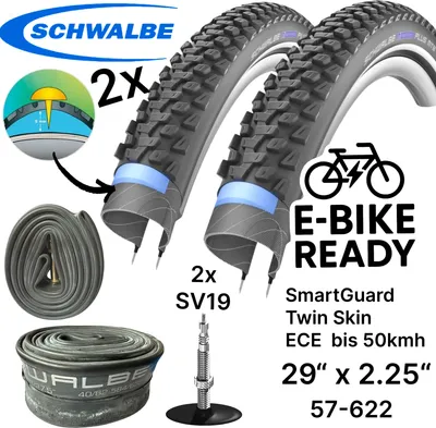 Produktbild von 2x Schwalbe Marathon Plus MTB Ebike SG 29x2,25" 57-622  Reifen + Schläuche SV19 Set
