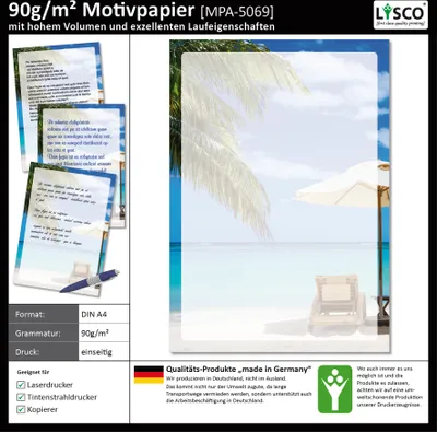 Produktbild von Motivpapier Briefpapier (Strand-5069, DIN A4 25 Blatt) Sandstrand mit Palmen Liegestuhl und Sonnenschirm am blauen Ozean in der Karibik