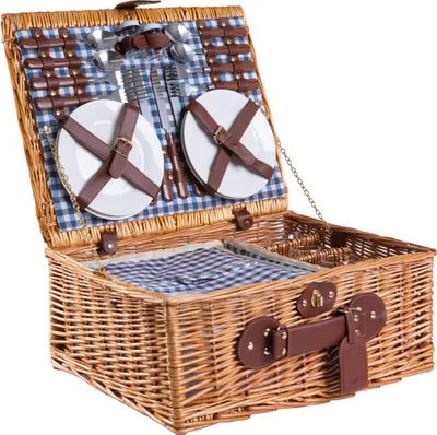 Image de Panier pique-nique en osier avec compartiment réfrigérant et accessoires - vaisselle, couverts, verres à vin - idée cadeau pour le camping, les activités de plein air et la famille | Pour 4 personnes | Bleu