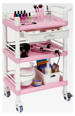 Produktbild von Kosmetikwagen - Tragbarer Beauty Salon Trolley aus ABS mit 3 geräumigen Ablageflächen, Spa Salon Friseur Wagen für Schönheitsinstrumente und medizinische Zwecke (Pink-Weiß)