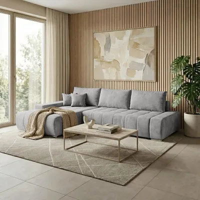 Produktbild von Beautysofa DRACO L Ecksofa mit Schlaffunktion & Bettkasten 267 cm - Schlafsofa, Bettsofa, Couch L-Form, Seitenausführung Links – Hellgrau Velo 632