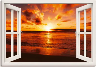 Produktbild von ARTland Leinwandbild Fensterblick Sonnenuntergang am Strand Größe: 100x70 cm
