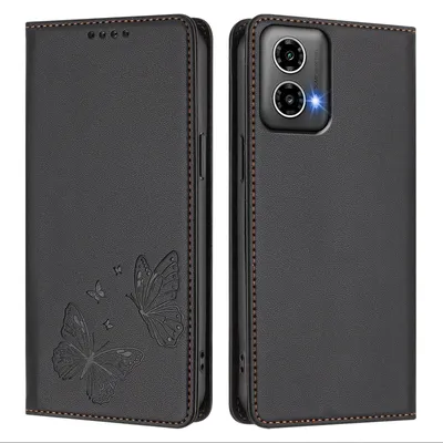 Produktbild von Lederhülle für Motorola Moto G34 / Moto G45, Schmetterling Prägung Leder Brieftasche Schutzhülle mit Ständer Schwarz