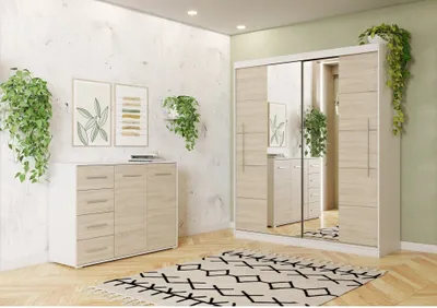 Produktbild von 2er-Set Schwebetürenschrank mit zwei Spiegeln und Zierleisten Weiß/Sonoma mit Led Beleuchtung TORINO III Kommode FRIDA 01
