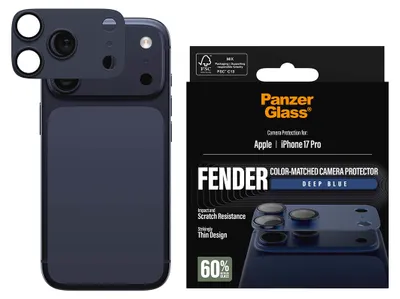 Obrázok produktu pre PanzerGlass ® Fender Camera Protector Deep Blue iPhone 17 Pro, Apple, Apple - iPhone 17 Pro, Suché aplikovanie, Odolné proti poškriabaniu, Odolný proti nárazom, Modrá, 1 kusov