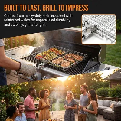 Productafbeelding van Roestvrijstalen Grillmand voor Barbecue, Opvouwbaar en Draagbaar, Visgrillmand met Afneembare Handgreep, Voor Vis, Groenten, Vlees en Ga