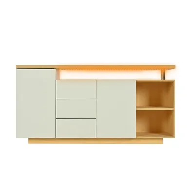 Produktbild von Sideboard mit LED-Beleuchtung 2 Türen 3 Schubladen und 2 offene Fächer Aufbewahrungsschrank 140cm Weiß und Holz