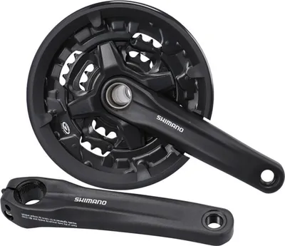 A black bicycle crankset and crank arm are shown against a white background.