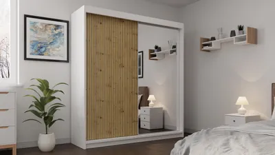 Produktbild von 2-türig Kleiderschrank mit Lamellen VOID, Schwebetürenschrank mit Spiegel, 2-türig Schrank (Farbe: Weiß, Breite: 200 cm)