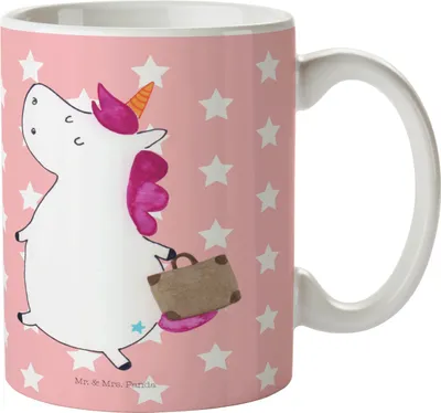 Produktbild von Mr. & Mrs. Panda Tasse Einhorn Koffer - Rot Pastell - Geschenk, Einhörner, Reise, Unicorn, Teetasse, Teebecher, Erwachsen, Becher, Kaffeetasse, Kaffeebecher