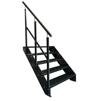 Produktbild von Gitterrost Stahl Wangentreppe 5 Stufen Verzinkt & Anthrazit Pulverlackiert + Geländer Links - (L x B x H) 101cm x 140cm x 95cm