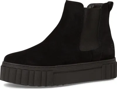 A studio shot of a black suede Chelsea boot with a thick platform sole.