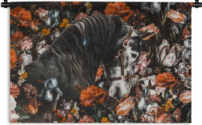 Produktbild von MuchoWow® Wandteppich Wandbehang Pferd - Blumen - Halfter 120x80 cm Tapisserie Dekoration Wandtuch - Wanddekorationen - Wandtücher