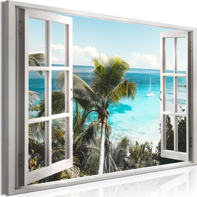 Produktbild von Modernes Wandbild Fensterblick 90x60 - 1 Teile Bilder Fotografie auf Vlies Leinwand Foto Bild Dekoration Wand Bilder Kunstdruck Meer Strand Insel c-C-0411-b-a