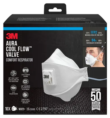 Obrázok produktu pre 3M™ Aura™ Comfort Cool Flow™ respirátor 10-pack - 9322+ FFP2 - s ventilom - maska proti časticiam