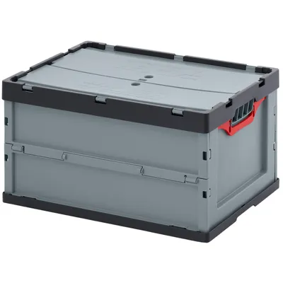 A gray folding storage box with a black lid and red handles is shown from a slightly elevated angle.