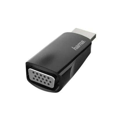 A black video adapter with a silver VGA connector and a silver HDMI connector, shown on a white background.