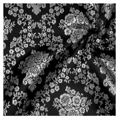 Produktbild von Polyester Jacquard mit silbernen Blumenranken -  Standard 100 - Meterware, Farbe Schwarz - zum Nähen von Bekleidung und Dekorationen