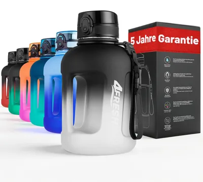 Produktbild von 4FRESH Trinkflasche 2300 ml aus Tritan – BPA-freie Gallon Wasserflasche mit 1-Klick-Öffnung, Skala & Trageschlaufe