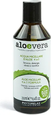 Produktbild von Phytorelax Laboratories Aloe Micellar 4 In 1 Formula, Frauen, 250 ml, Jeder Hauttyp, Reinigend, Feuchtigkeitsspendend, Belebend, Flasche, Aqua [Water], Aloe barbadensis leaf juice (*), Caprylyl/capryl glucoside, Hamamelis virginiana...