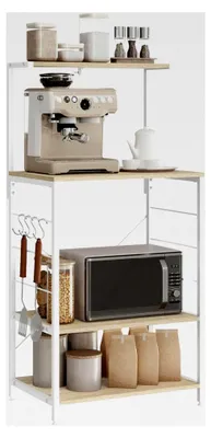 Produktbild von Küchenregal Standregal, Mikrowellenhalter, Bäckerregal, Haushaltsregal, Helle Eiche + Weiß, 60 x 123 x 40 cm