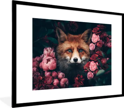 Produktbild von MuchoWow® Gerahmtes Poster Fuchs - Blumen - Tiere 80x60 cm - Poster mit Schwarzem Bilderrahmen Wandposter Rahmen Foto Bilder - Schlafzimmer-Dekorationen - Fotoposter