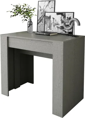 A console table with decorative items on top, set against a white background.