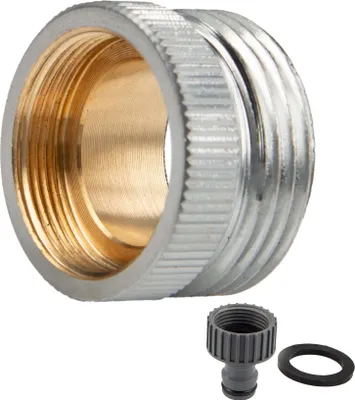 A close-up studio shot of a metal adapter and a plastic connector with a rubber washer.
