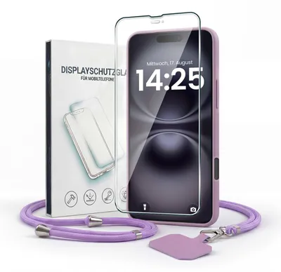 Produktbild von Handyhülle für Apple iPhone 16 Plus mit Handykette und 9H Displayglas Displayschutz Band Kordel Hülle Case Schutzhülle Lila Violett