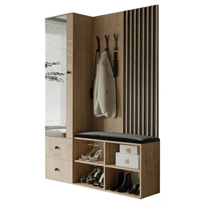 Produktbild von Idohome - Garderobe LUCA mit Sitzbank und Spiegel, Schuhschrank, Haken, Kleiderständer, Lamellen - Farbe Artisan Eiche 129x196x30 cm
