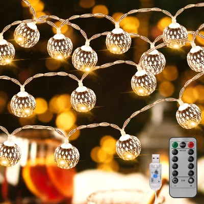 LED-Lichterkette 30 Silberkugeln, 4,5 m, warmweiß, USB, mit Fernbedienung