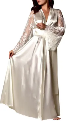 Produktbild von y Frauen Spitze Langarm Seidige Kimono Robe Nachtwäsche Nachthemd Kleid Bademantel||Weiß||XL