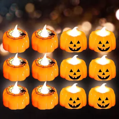 Produktbild von 24 Stück Kürbis Teelichter LED Halloween Teelichter Flammenlose in Kürbisform Batteriebetriebene Pumpkin Kerzen Deko für Halloween Party Außen