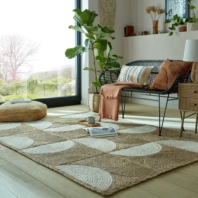 Produktbild von Jute Teppich Halbkreis Muster, Geometrisch, Wohnzimmer Natur Rechteckig 200x290 | 100% Jute, ohne Rückenbeschichtung | Florhöhe: 0 cm | Handgewebt