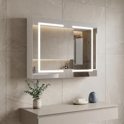 Produktbild von INONEFT Spiegelschrank Bad LED mit 3-Farben-Beleuchtung 80x13.5x60cm，2-türig spiegelschrank mit Glasboden und Touch Schalter，Memory-Funktion,weiß