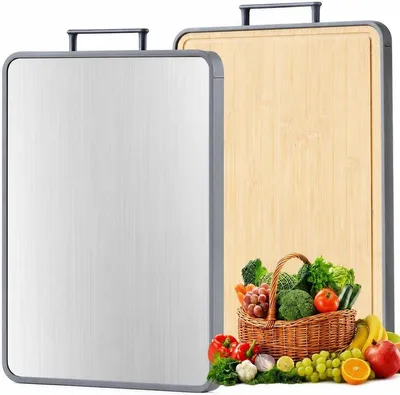 Productafbeelding van PromoHome® Dubbelzijdig snijplank van titanium en bamboe, met antiaanbaklaag, antislip, met opvangrand, 40,6 x 26,2 cm, zwart