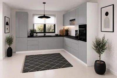 Produktbild von Eckküchenzeile 330x270 cm Winkelküche Küchenblock Einbauküche ohne Arbeitsplatte, LETANO Luki 11 Grau Hochglanz mit Soft-Close