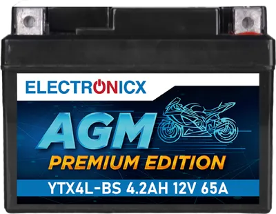 Zdjęcie produktu dla Akumulator motocyklowy Electronicx AGM 12V 4Ah – Kompatybilny z 50314, CBTX4L-BS, GT4L-BS, YTX4L-BS