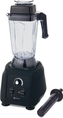 A black HENDI stand mixer with a clear jug is shown against a white background. A tamper is placed to the right of the mixer.