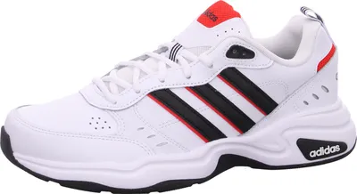 A white Adidas Strutter sneaker with black and red accents.