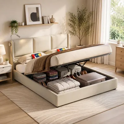 Produktbild von INONEFT Polsterbett 160x200 cm mit USB, Hydraulisches Doppelbett mit Stauraum , Jugendbett Boxspringbett mit Leselampe, Ohne Matratze, Leinen, Beige, KI-generiertes Bild