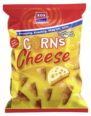 Productafbeelding van XOX Corns Nacho Cheese, knapperige snack, verpakking van 85 gram