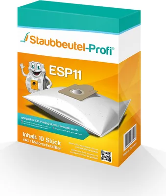 A product box for vacuum cleaner bags, featuring a cartoon character and product details.