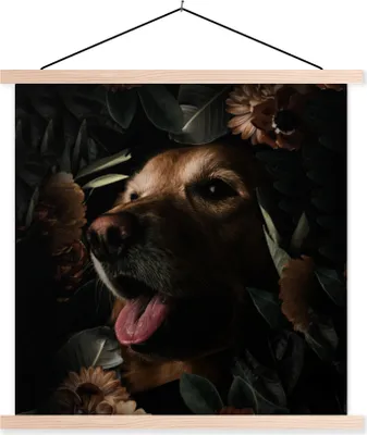 Produktbild von MuchoWow® Textilposter Hund - Blumen - Botanisch 120x120 cm mit holzfarbenen Rahmen - Textil-Poster
