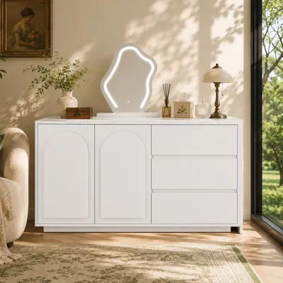 Zdjęcie produktu dla Toaletka z oświetleniem LED i lustrem, z szufladami i przegródkami, biała, wymiary: 140x75x40 cm, wykonana z płyty wiórowej