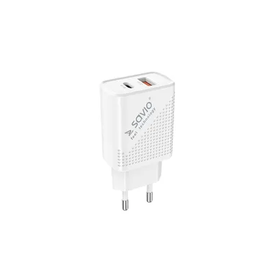 Imagen del producto de Savio LA-04, cargador USB de carga rápida con puertos tipo A y tipo C, compatible con Power Delivery 3.0, para uso en interiores, blanco
