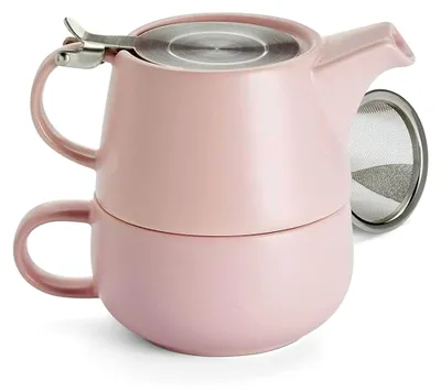 Produktbild von teemando® Tea-for-one Set Saara, rosa Keramik, 4-teilig mit Edelstahlsieb und -deckel